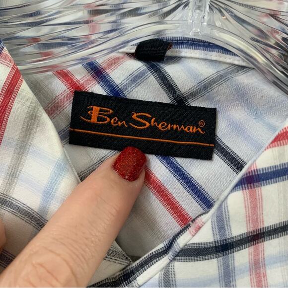 Ben Sherman Plaid Button Down White/Red/Blue Long Sleeve Shirt - Picture 2 of 11